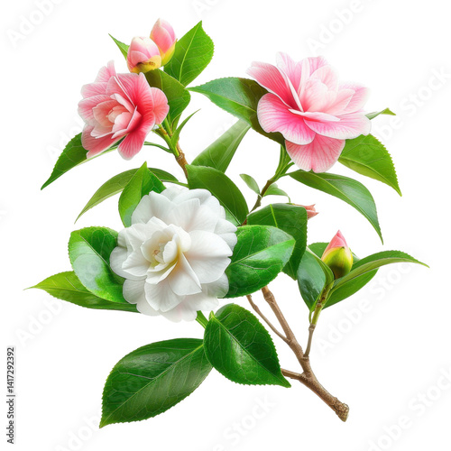 Beautiful camellia flowers in pink and white hues, surrounded by vibrant green leaves, create stunning natural arrangement that evokes sense of tranquility and elegance