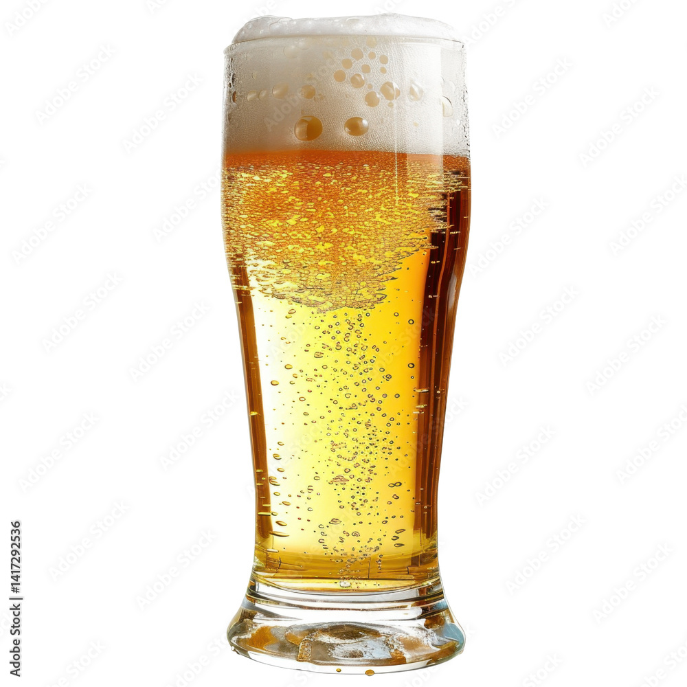 refreshing glass of beer with frothy head, showcasing bubbles and golden hue, perfect for social gatherings or relaxation