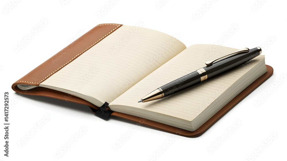 Elegant notebook with a pen resting on its lined pages, ready for writing or planning. Elegant notebook with a pen resting on its lined pages, ready for writing or planning.