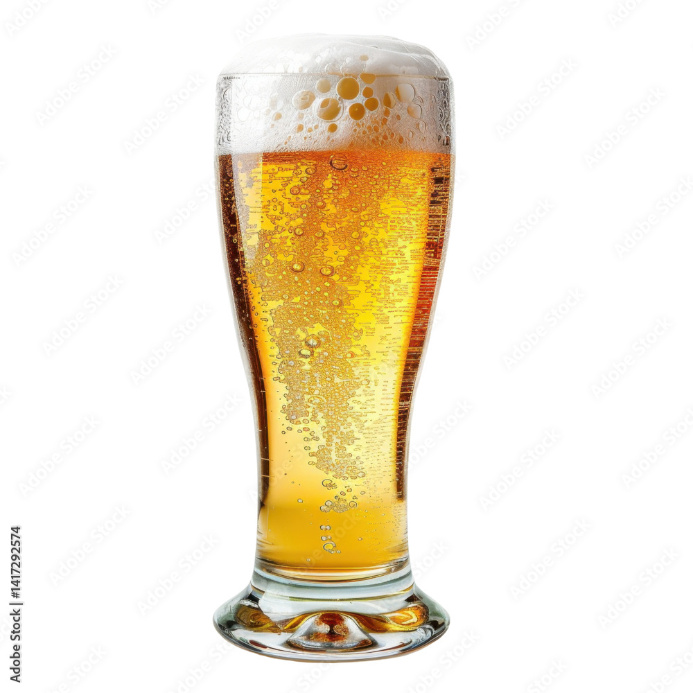 refreshing glass of golden beer with frothy head, showcasing bubbles rising through liquid, perfect for casual gathering or celebration
