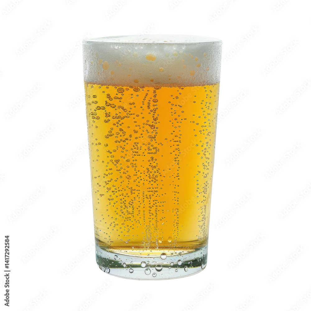 refreshing glass of beer filled with bubbles and foam, showcasing golden color and condensation on outside, perfect for casual gathering or celebration