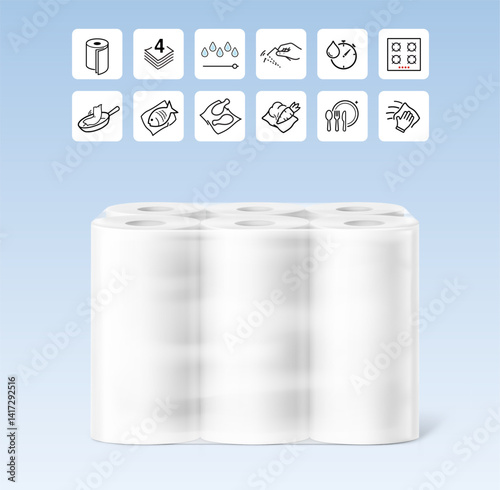 Set of paper towels in film mockup with set icons. Vector illustration on colour background. Can be use for template your design, presentation, promo, ad. EPS10.