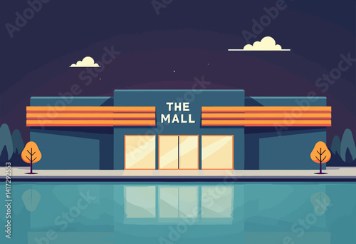 Flat Vector Mall Facade at Night with Water Reflections