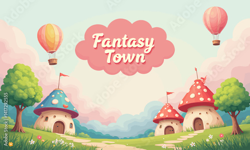 Fantasy Town with Mushroom Houses and Hot Air Balloons