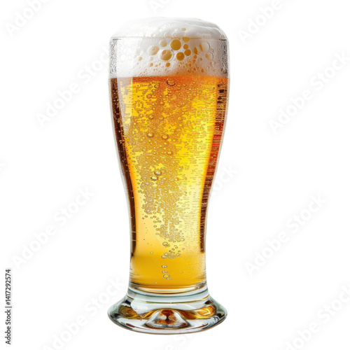 Obraz na płótnie refreshing glass of golden beer with frothy head, showcasing bubbles rising through liquid, perfect for casual gathering or celebration w salonie