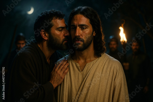 Judas betraying Jesus with a Kiss. Thirty Pieces of Silver.