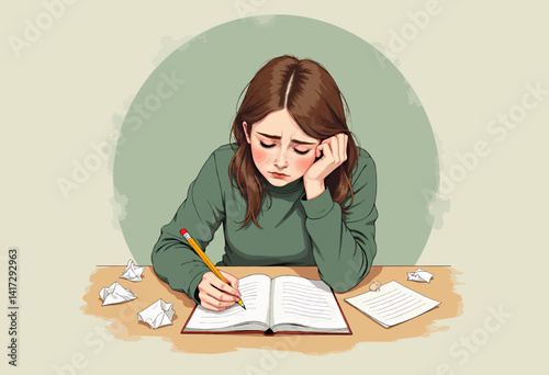 Frustrated Student Writes in Notebook with Crumpled Papers