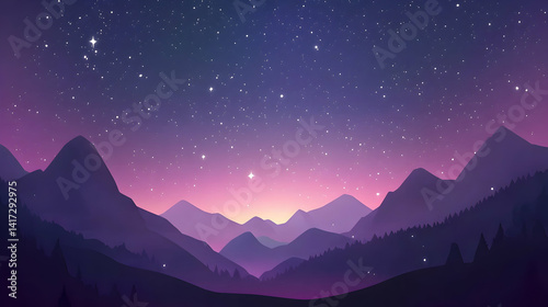 Enchanting starry night illustration over layered purple mountain landscape