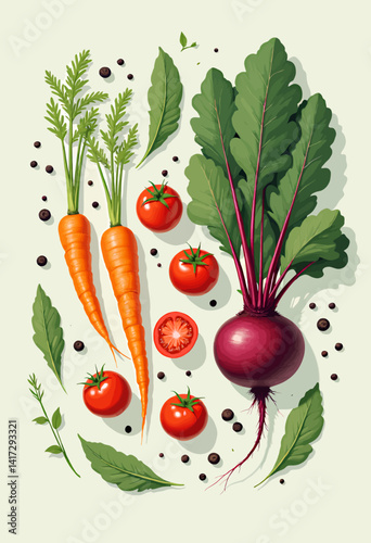 Fresh Carrots, Beets, Tomatoes, and Black Peppercorns Still Life
