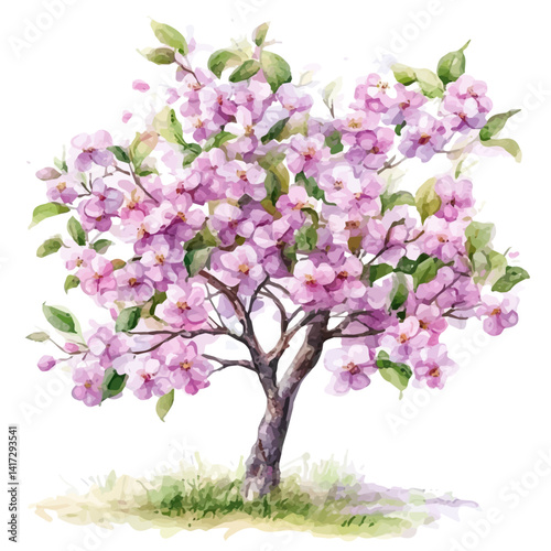 illustration of Spring Orchard In Full Bloom, watercolor vector, isolated on a white background.
