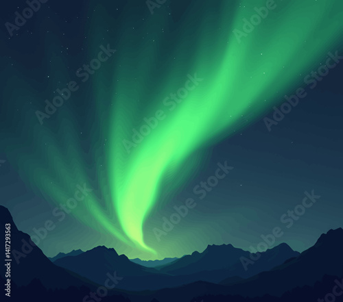 Green Aurora Borealis over Mountain Range at Night