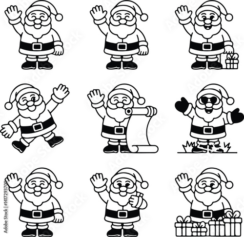 Santa Claus Silhouette Set | Waving Hand Festive Line Art Sketch Santa Waving Hand Silhouette | Christmas Vector Bundle