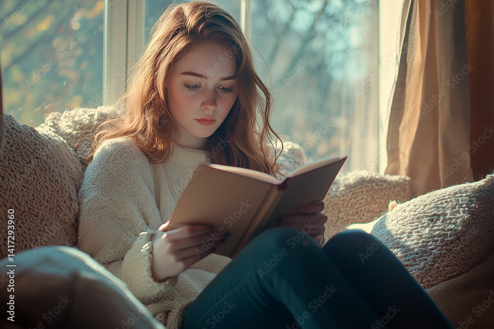 A calm young woman journaling in a peaceful, cozy interior by the window. Surrounded by soft pillows and warm textures, with a cup of tea and gentle natural light, capturing the moment of mindfulness, A calm young woman journaling in a peaceful, cozy interior by the window. Surrounded by soft pillows and warm textures, with a cup of tea and gentle natural light, capturing the moment of mindfulness,