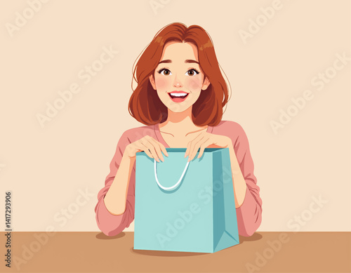 Happy auburn-haired woman with a blue shopping bag