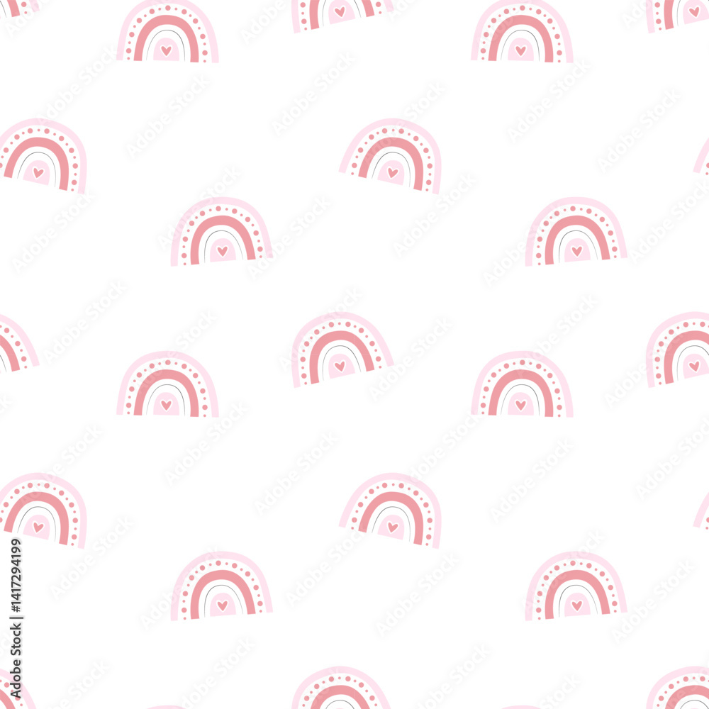 Fototapeta premium Rainbow hand drawn in a cute childish style. Rainbow in soft pink tones cute seamless pattern on a white background. Suitable for children's room, covers, banners, wallpapers, cards, wrapping paper