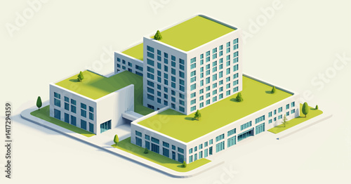 Isometric Green Roofed Modern Building Concept