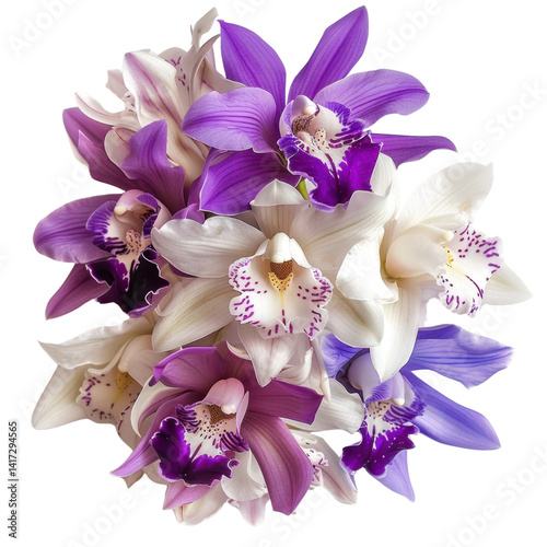 Beautiful bouquet of orchids featuring mix of purple and white flowers, showcasing intricate patterns and vibrant colors, perfect for decoration or gifting