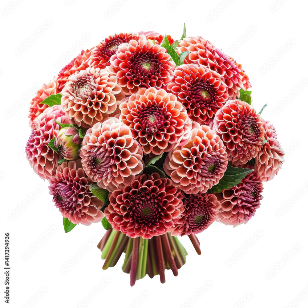 vibrant bouquet of dahlia flowers in shades of coral and pink, showcasing intricate petal patterns and lush green leaves, evokes sense of beauty and freshness