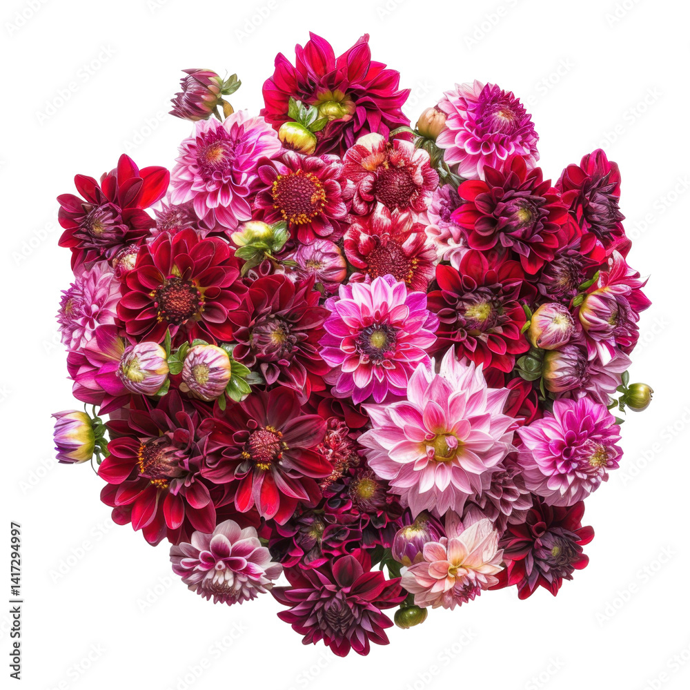 vibrant bouquet of red and pink flowers, showcasing various types of dahlias and blossoms, creating stunning floral arrangement that evokes beauty and joy