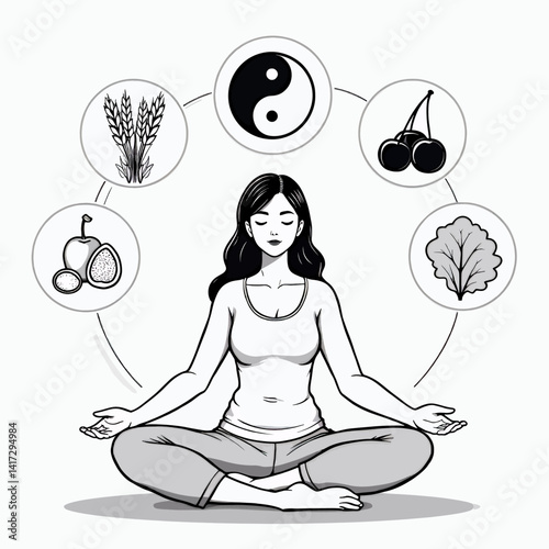 Meditating woman with balanced diet icons around her