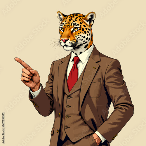 Jaguar Head Man in Suit Pointing Right

