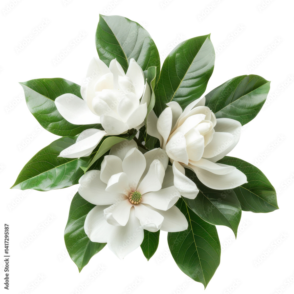 beautiful arrangement of white magnolia flowers surrounded by lush green leaves, creating serene and elegant display. flowers symbolize purity and beauty, evoking sense of tranquility