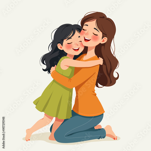 Loving embrace: Mother and daughter hugging tightly, eyes closed