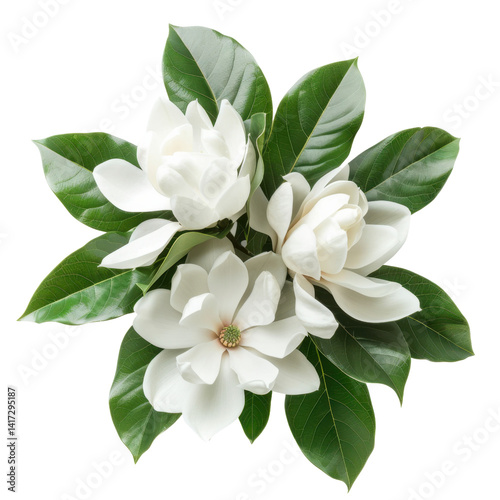 Obraz na płótnie beautiful arrangement of white magnolia flowers surrounded by lush green leaves, creating serene and elegant display. flowers symbolize purity and beauty, evoking sense of tranquility w salonie