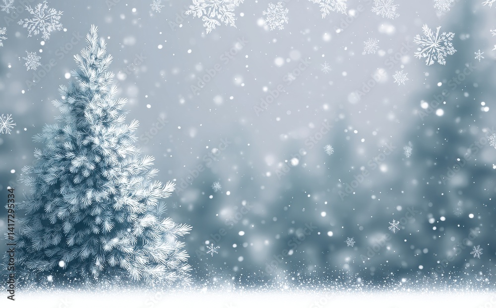 Serene winter scene with a snow-covered evergreen tree. Soft, cool tones create a peaceful atmosphere.