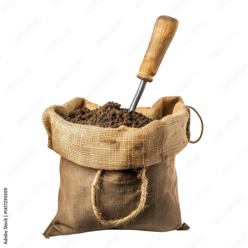 burlap sack filled with soil and metal gardening trowel resting on top, showcasing rustic gardening theme. earthy tones evoke sense of nature and cultivation