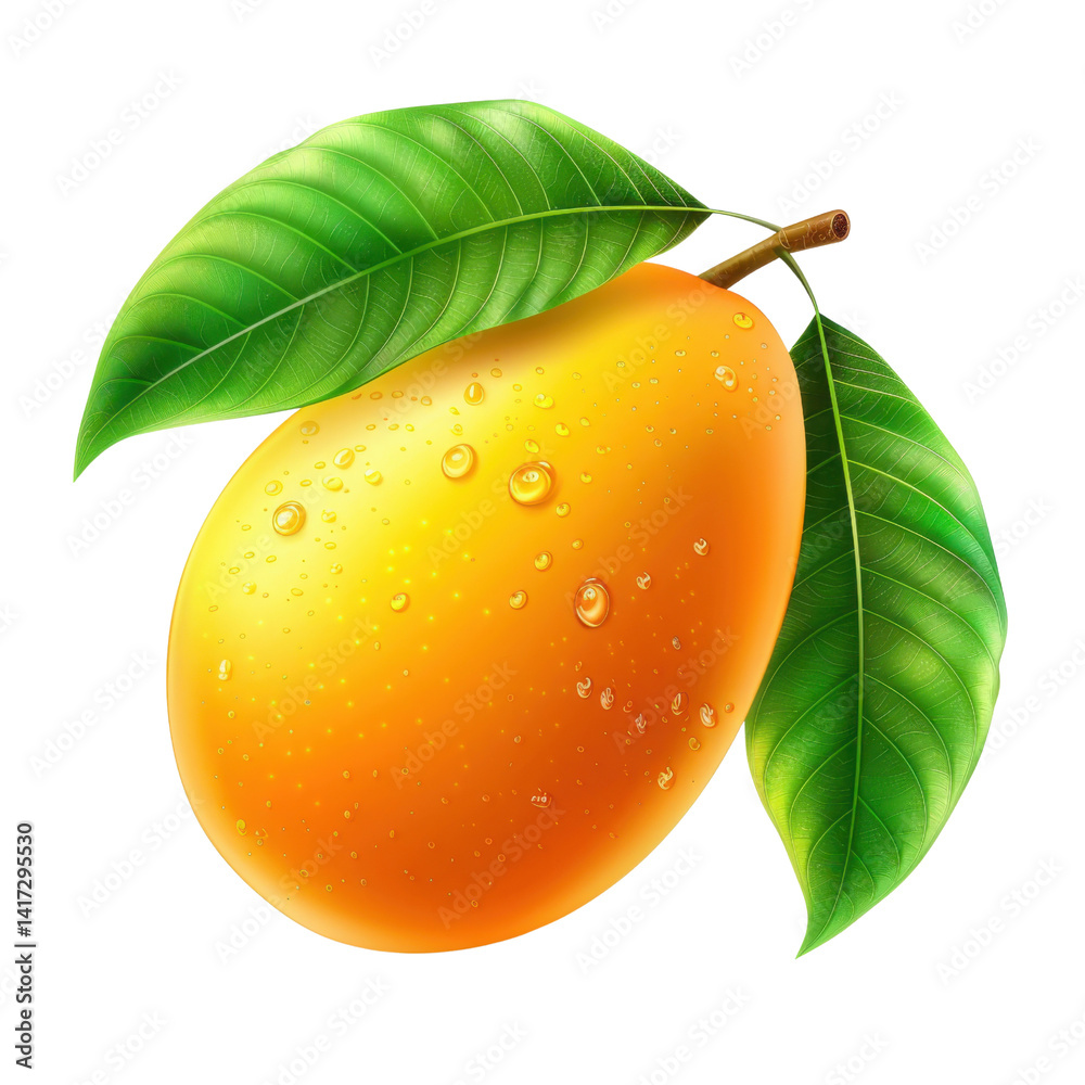 Juicy mango with droplets of water, surrounded by vibrant green leaves, showcasing its rich orange color and fresh appearance, perfect for summer dishes and tropical themes