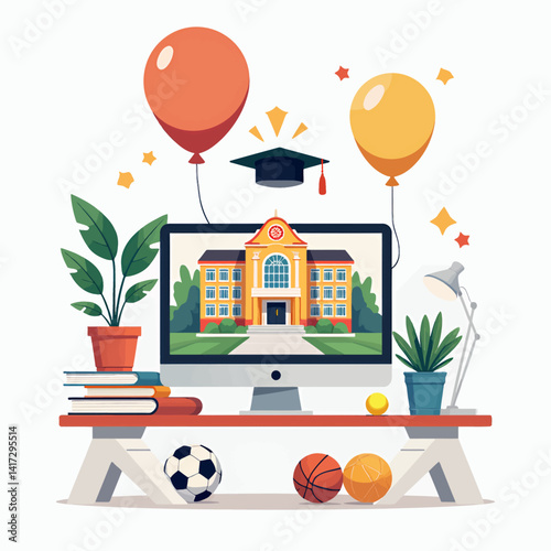 Online learning graduation celebration with balloons and sports balls