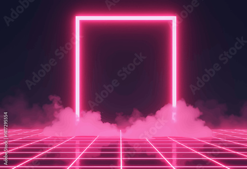Neon Pink Square Frame with Grid and Smoke