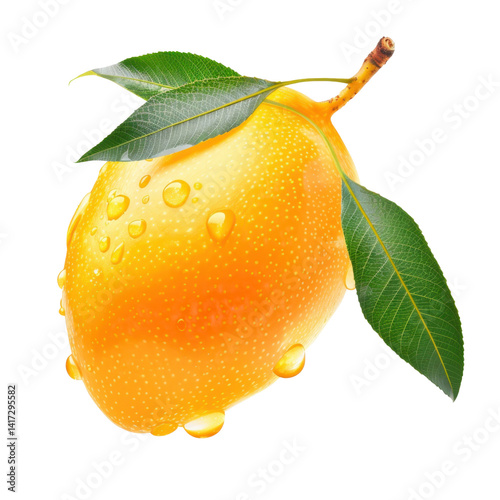 Obraz na płótnie Juicy mango with droplets of water, vibrant yellow orange color, and green leaves, showcasing freshness and natural beauty. Perfect for tropical themes and healthy eating w salonie