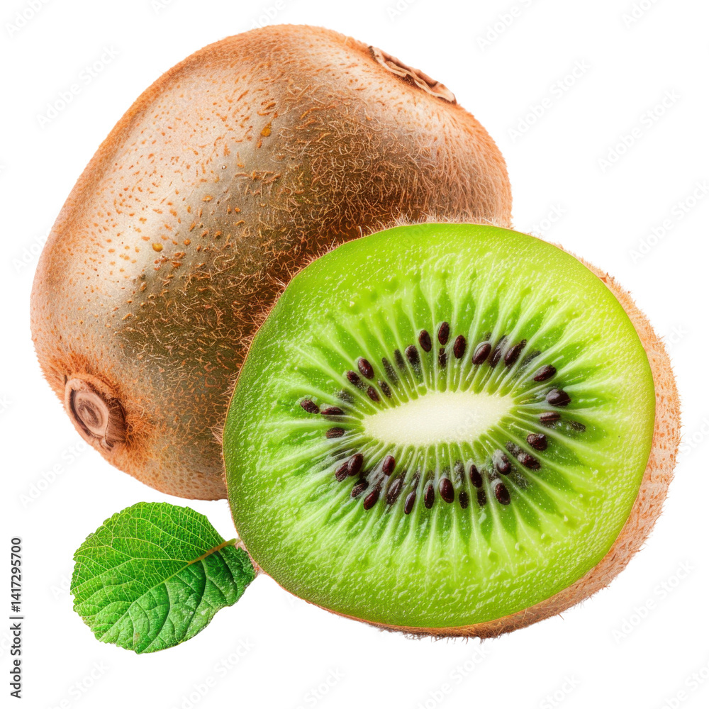 Fresh kiwi fruit, vibrant green flesh, and brown fuzzy skin, showcasing its unique texture and color. Perfect for healthy snacks or smoothies, this fruit is both nutritious and delicious