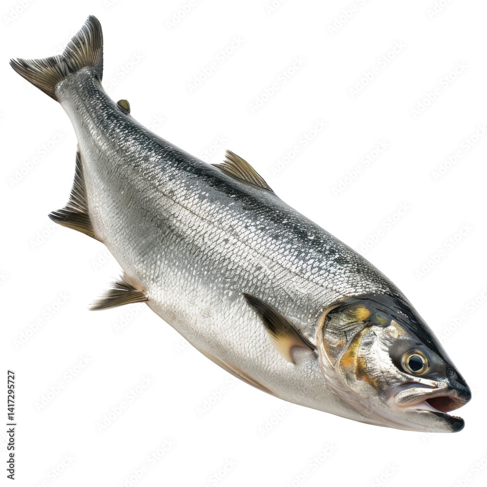 Fresh fish with shiny scales and streamlined body, showcasing its natural beauty and vibrant colors. This fish is perfect for culinary presentations or seafood related themes