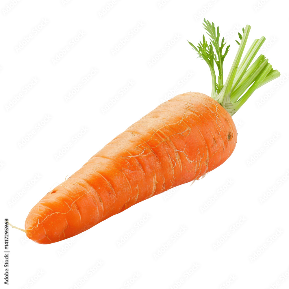 Fresh carrot with vibrant orange color and green leafy tops, showcasing its natural texture and shape, perfect for healthy meals and snacks