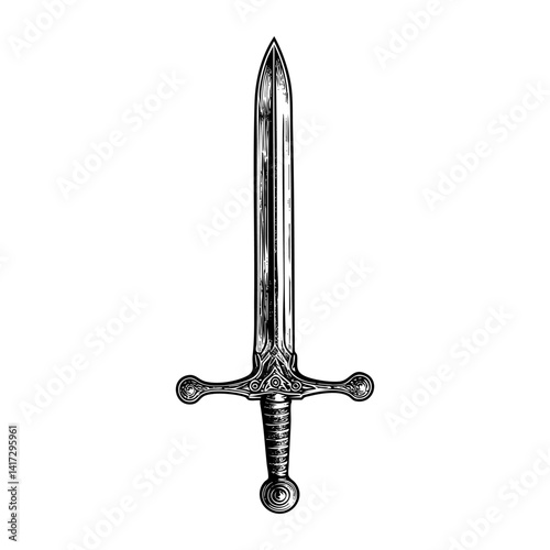 Sword sketch engraving black and white outline. Scratch board imitation.