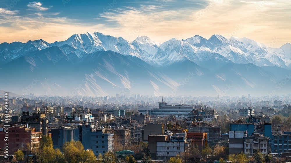 Obraz premium Urban sprawl meeting nature's grandeur: A city view with snow-capped mountains