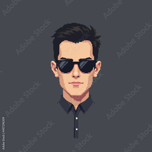 Pixel art portrait of a man with sunglasses and black shirt