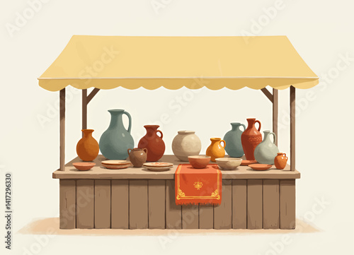 Pottery and Dishes on a Market Stall with Yellow Awning