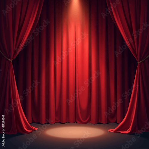 Red velvet stage curtains with spotlight shining down