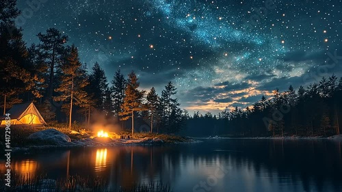 Serene lakeside camping under a starry night sky