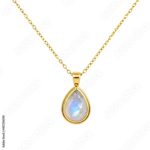 Elegant gold pendant necklace with a moonstone stone on a white backdrop.