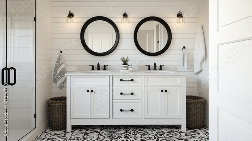 White farmhouse bathroom with black accents.  Modern, clean design with double vanity and mirrors
