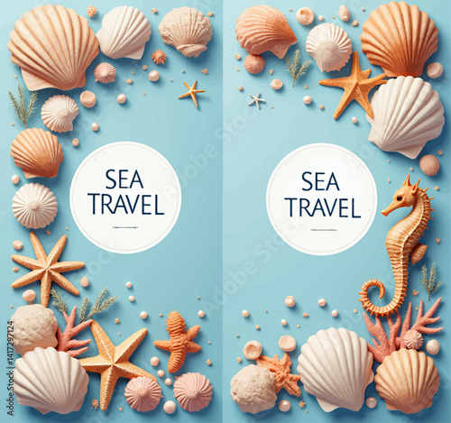 Sea Travel Design with Seahorse and Shells on Blue