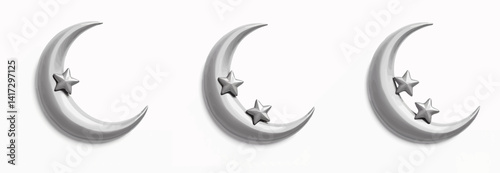 Silver Crescent Moons with Stars on White Background