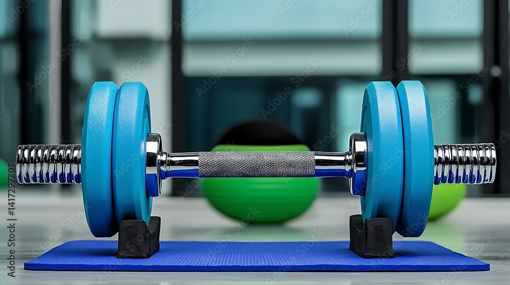 Naklejka premium Dumbbell resting on a mat with a gym ball in the background