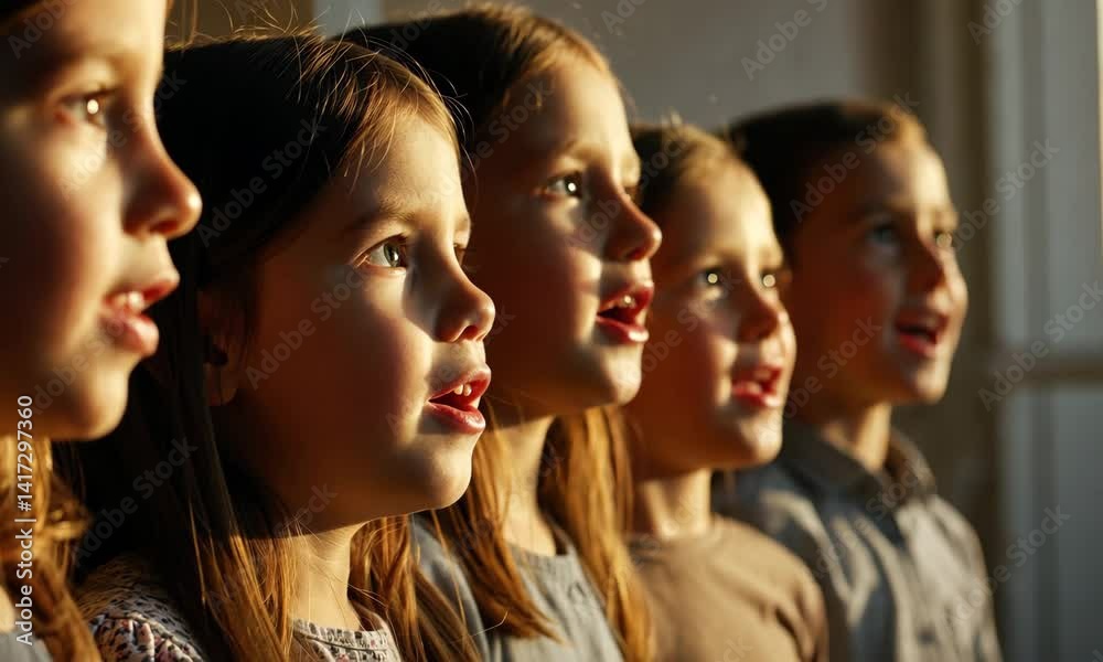 Group of children singing together on stage