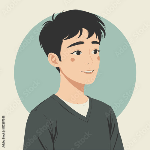 Smiling young man with black hair and rosy cheeks
